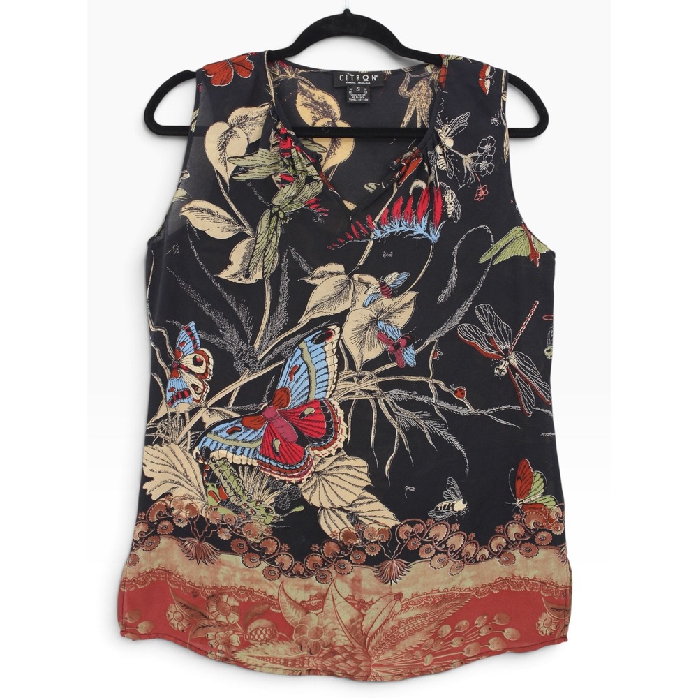 Citron Santa Monica Silk Tank Top Small Butterfly Dragonfly Print Sleeveless
